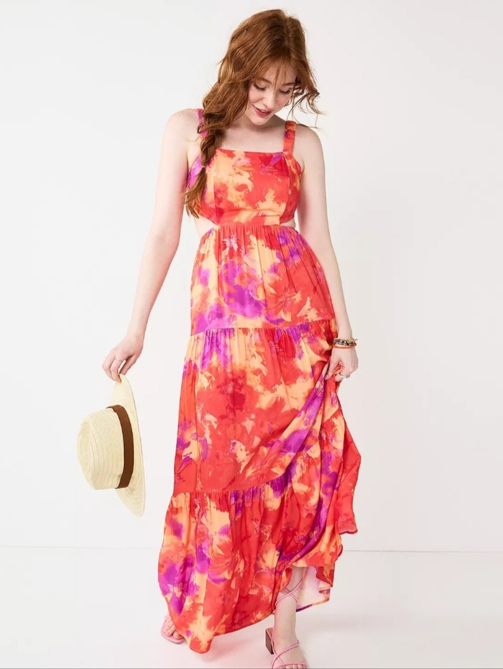 SO Tie-Dye Tiered Maxi Dress in Orange and Purple